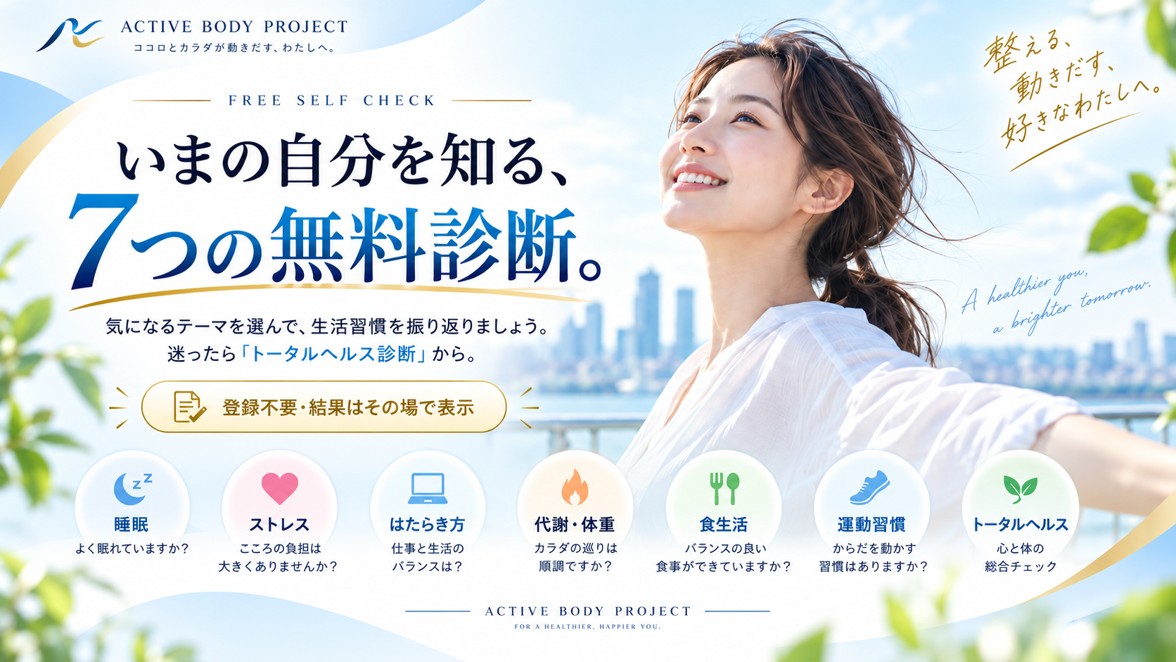 ACTIVE BODY PROJECT いまの自分を知る、7つの無料診断。気になるテーマを選んで、生活習慣を振り返りましょう。
