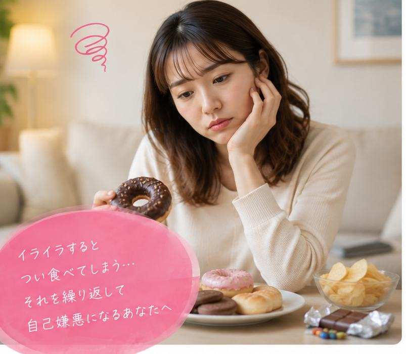 ドーナツを手に浮かない表情でお菓子を見つめる女性。イライラするとつい食べてしまい自己嫌悪になるあなたへ