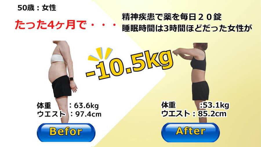 睡眠時間が3時間ほどだった50歳女性が4ヶ月で体重マイナス10.5kgを達成したビフォーアフター写真