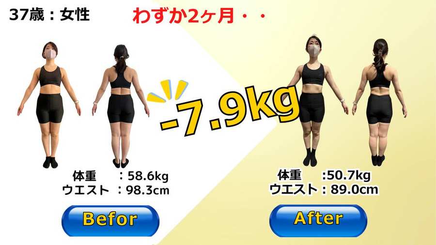 37歳女性が2ヶ月で体重58.6kgから50.7kgへマイナス7.9kgを達成したビフォーアフター写真