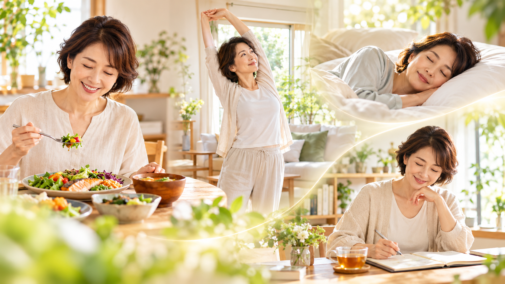 選んで食べる食事、簡単なストレッチ、睡眠、生活習慣の振り返りをイメージする写真