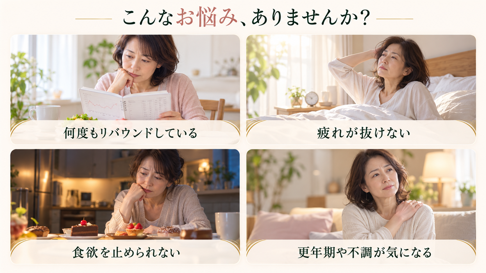 こんなお悩み、ありませんか？ 何度もリバウンドしている、疲れが抜けない、食欲を止められない、更年期や不調が気になる