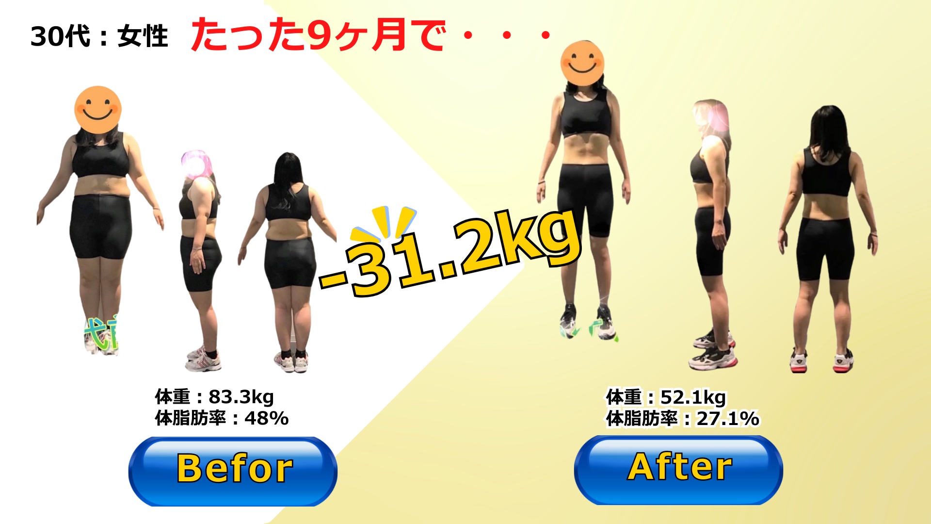 30代女性のお客様のビフォーアフター。9ヶ月で-31.2kg