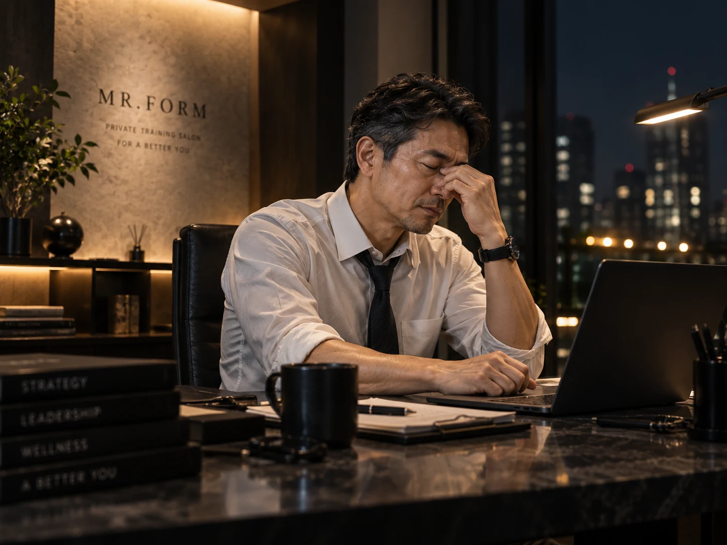 仕事の疲れが抜けずデスクで疲れ切っている40代男性