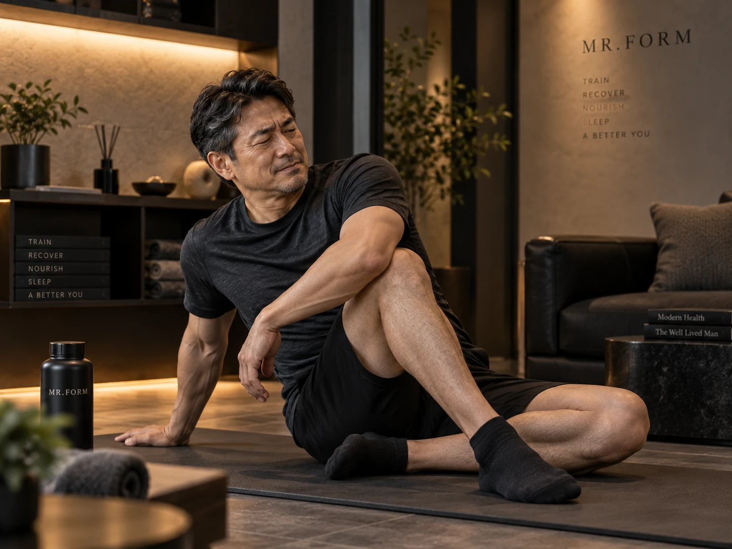 ストレッチをして身体の硬さを感じている40代男性