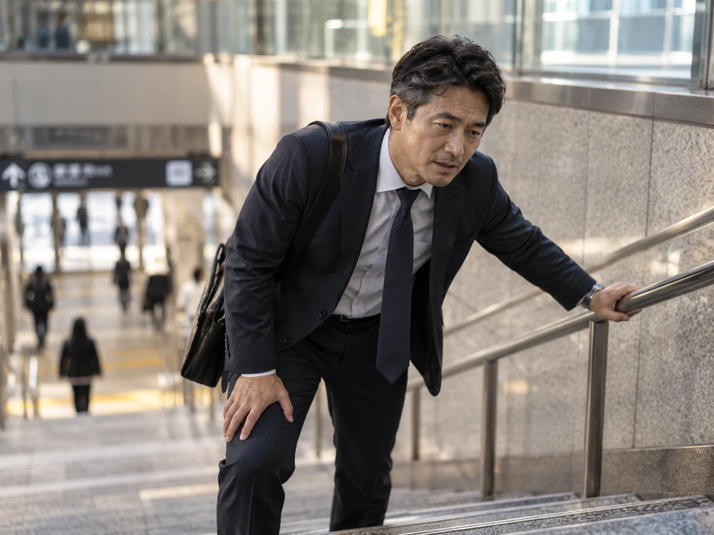 階段を上って息が上がり体力低下を感じる40代男性